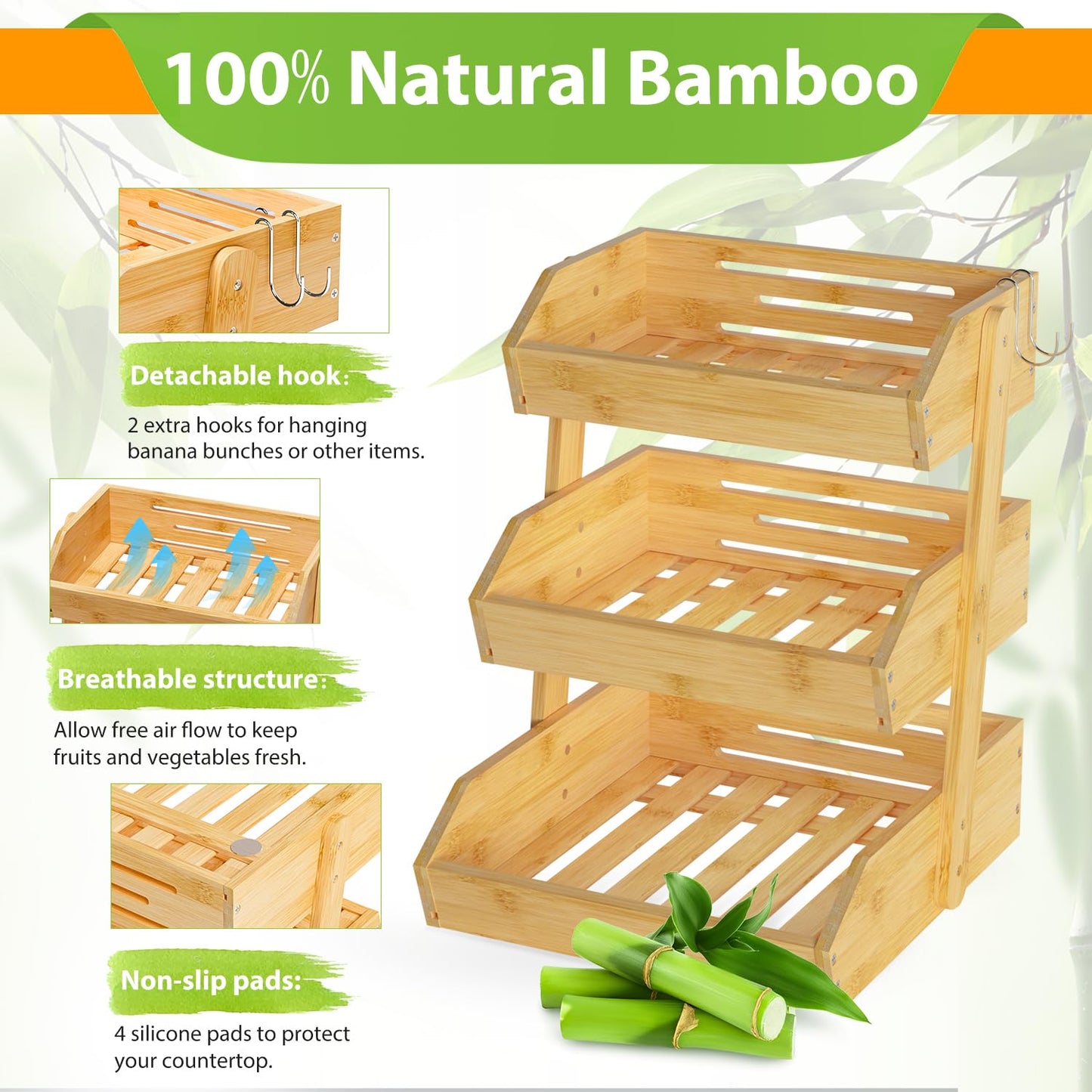 Gmtsl Bamboo Fruit Basket for Kitchen – 3 Tier Fruit Bowl For Kitchen Counter, Large Fruit Holder With 2 Banana Hangers, Idea For Fruit and Vegetable Storage, Bread Basket, Snack Organizer(Bamboo)