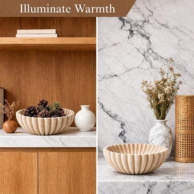 Large Modern Ruffle Bowls, Artificial Stone Decorative Catch All Bowl for Kitchen Counter and Entryway Table, Handcrafted Fruit Bowls and Key Bowl for Home Decor(Beige)