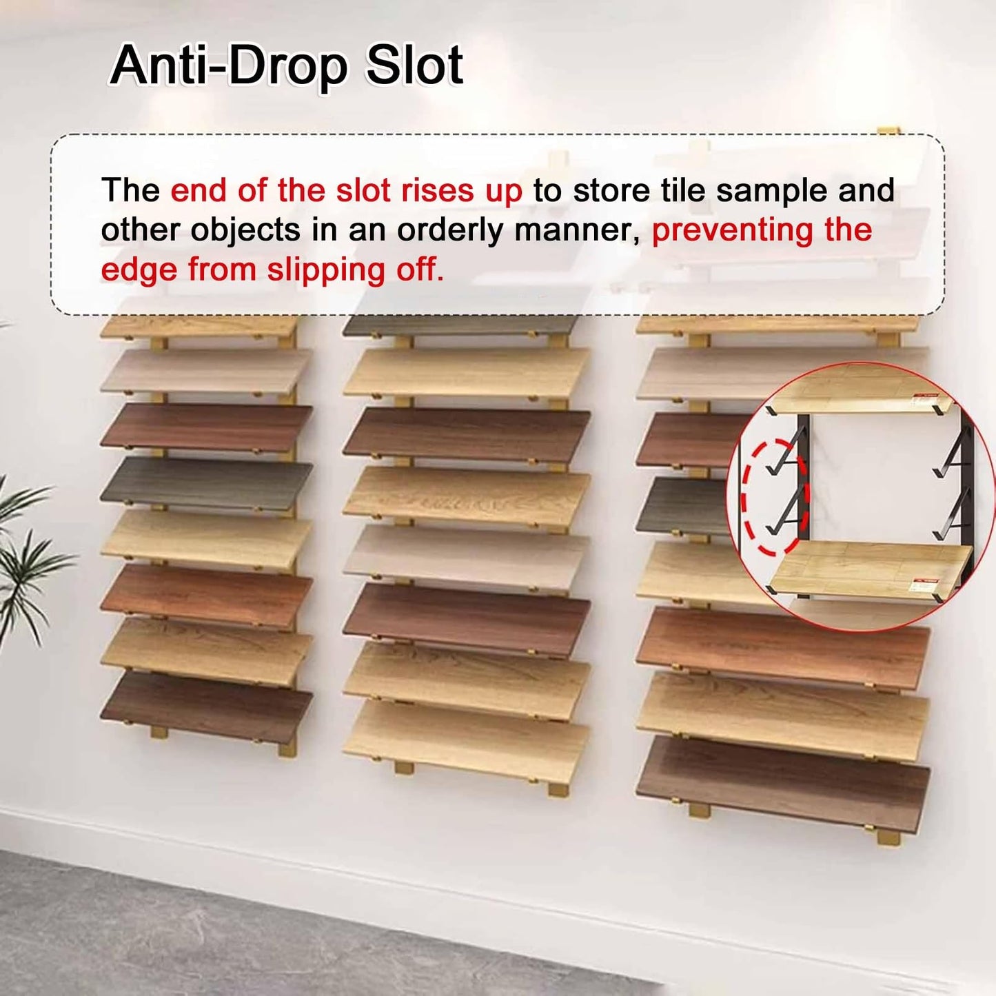 Floor Tile Sample Rack,Wall-Mounted Tile Sample Display Stand, 10-Tier Metal Holder for Retail, Heavy-Duty Floor Storage Rack, Space-Saving Wooden Shelf, Ideal for Showrooms (55.12x4.13in)