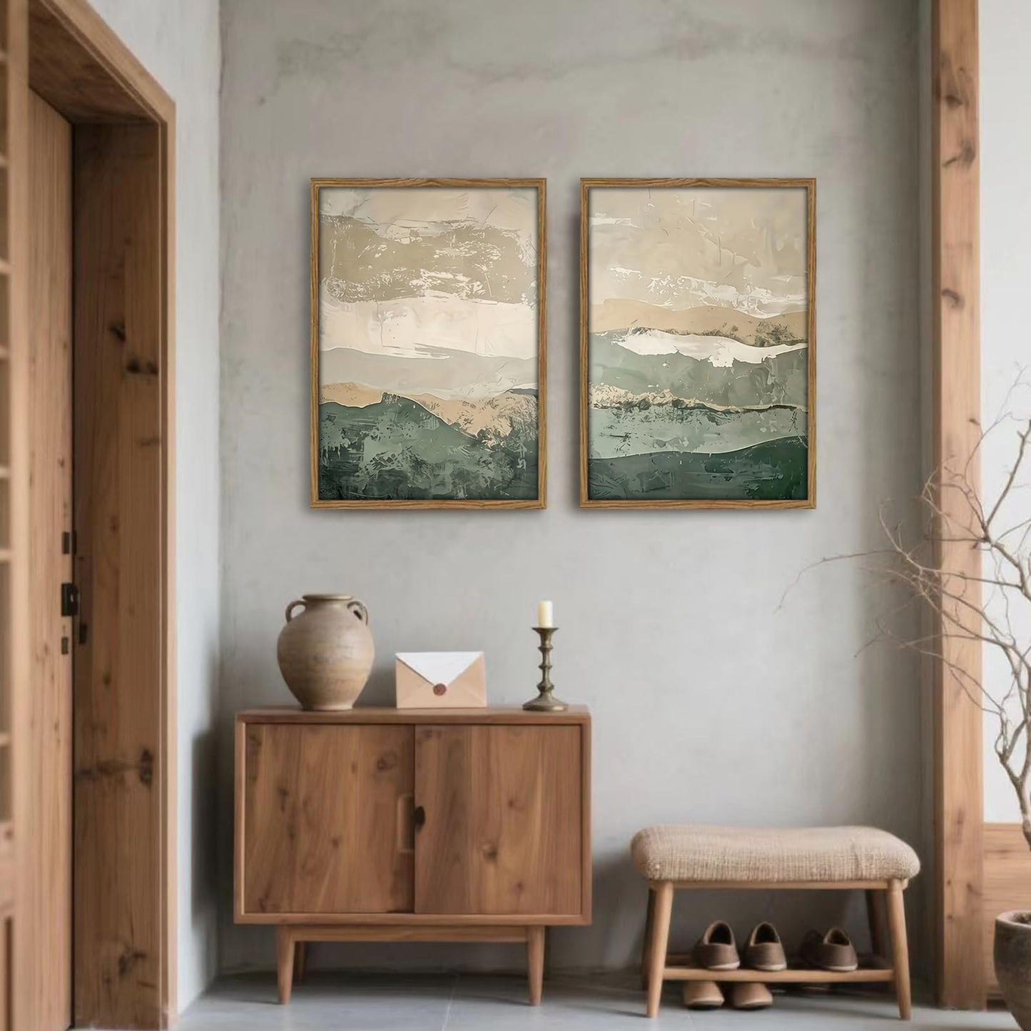 Framed 2Pcs Green Abstract Wall Art with Wood Frame Rustic Landscape Canvas Print Earth Tones Farmhouse Painting Picture Wall Decor for Living Room Bedroom Office12x16 Inches