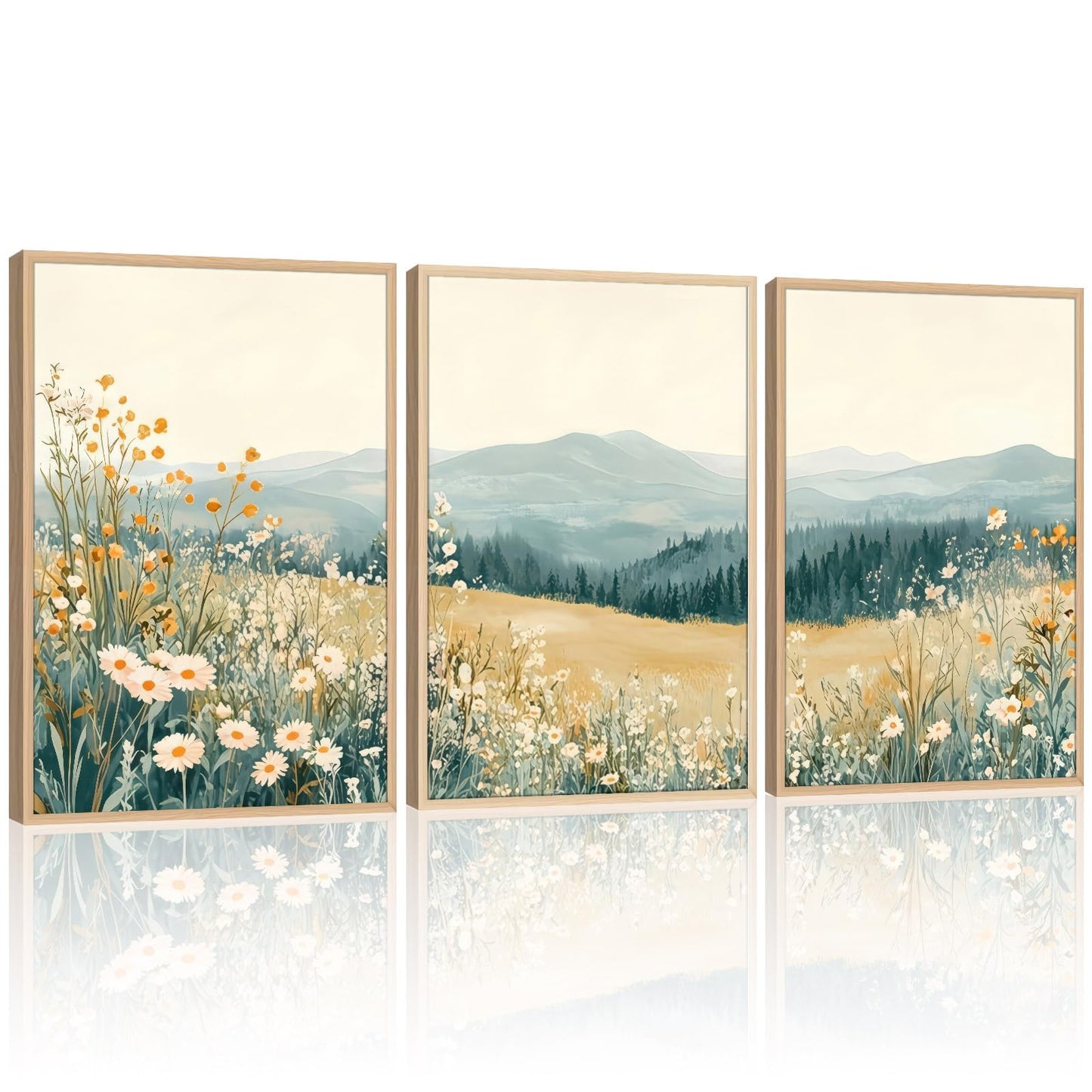 3 Pcs Framed Mountain Wildflower Wall Art Triptych Natural Landscape Canvas Prints Large Farmhouse Daisy Poster Botanical Picture Painting for Living Room Bedroom Decor 12x16IN