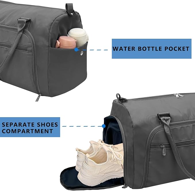 woogwin Small Gym Bag for Men & Women with Shoes & Wet Compartment Waterproof Duffle Bag for Travel Sports Workout Overnight Weekender(17.7",Darkgrey)
