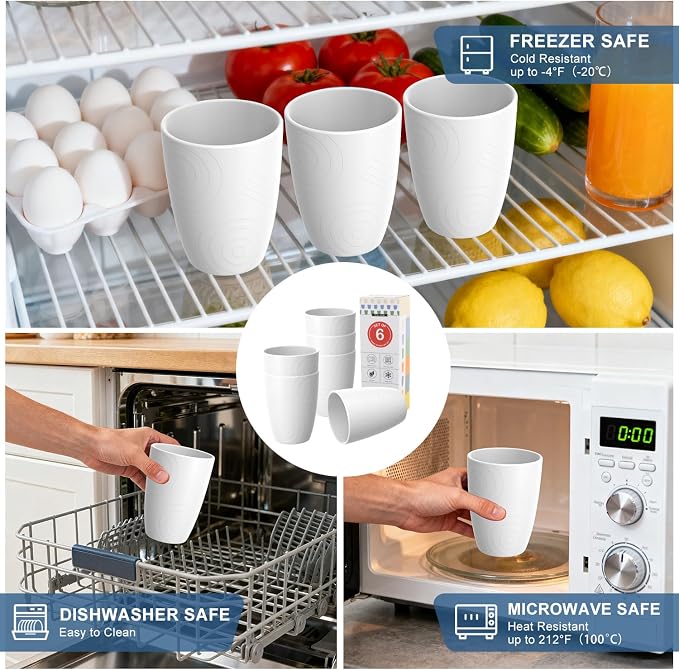 Wheat Straw Cups 6 PCS, Unbreakable 16 OZ Tumbler Set, Lightweight Glass Cups with Unique Pattern, Reusable Alternative to Plastic Cups, Dishwasher Safe Tumbler for Kitchen, Camping, White
