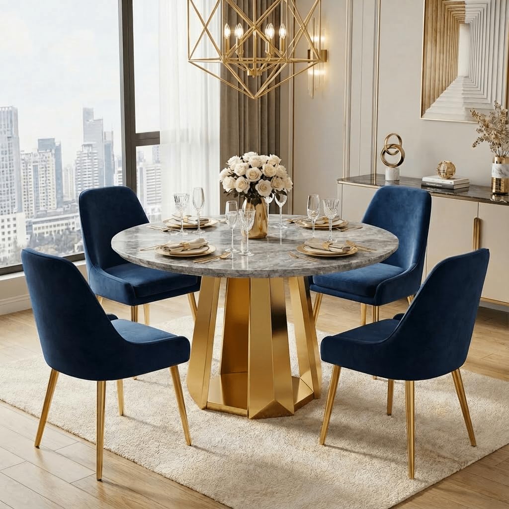 Glyph Form Round Faux Marble 47" Dining Table for 4-6, Luxury Gold Kitchen Table with Stainless Steel Base, Easy to Clean & Heavy Duty Modern Dining Room Table for Home Office,Grey, MDF(Table Only)