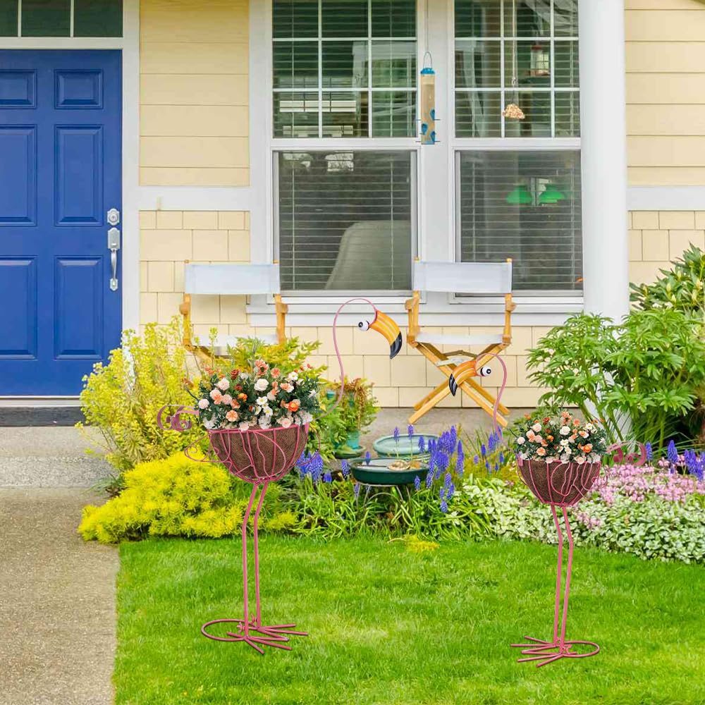 hogardeck Garden Decor for Outside, Set of 2 Pink Flamingo Planters with Basket, Metal Standing Flamingo Plant Pots Yard Art for Home Indoor Outdoor Garden Porch Lawn Patio Pool