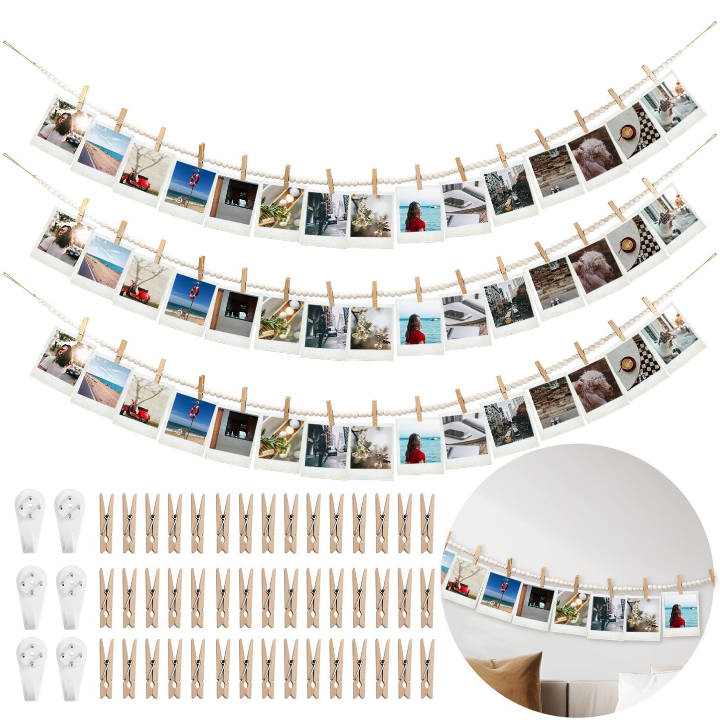 Hanging Photo Display Wall Decor with 45 Wood Clips, YuanDe 67 Inches Boho Wooden Bead Garland Collage Picture Frame Photos String DIY, Photo Hanger for Bedroom Office Dorm Room Decor Gifts(3PCS)