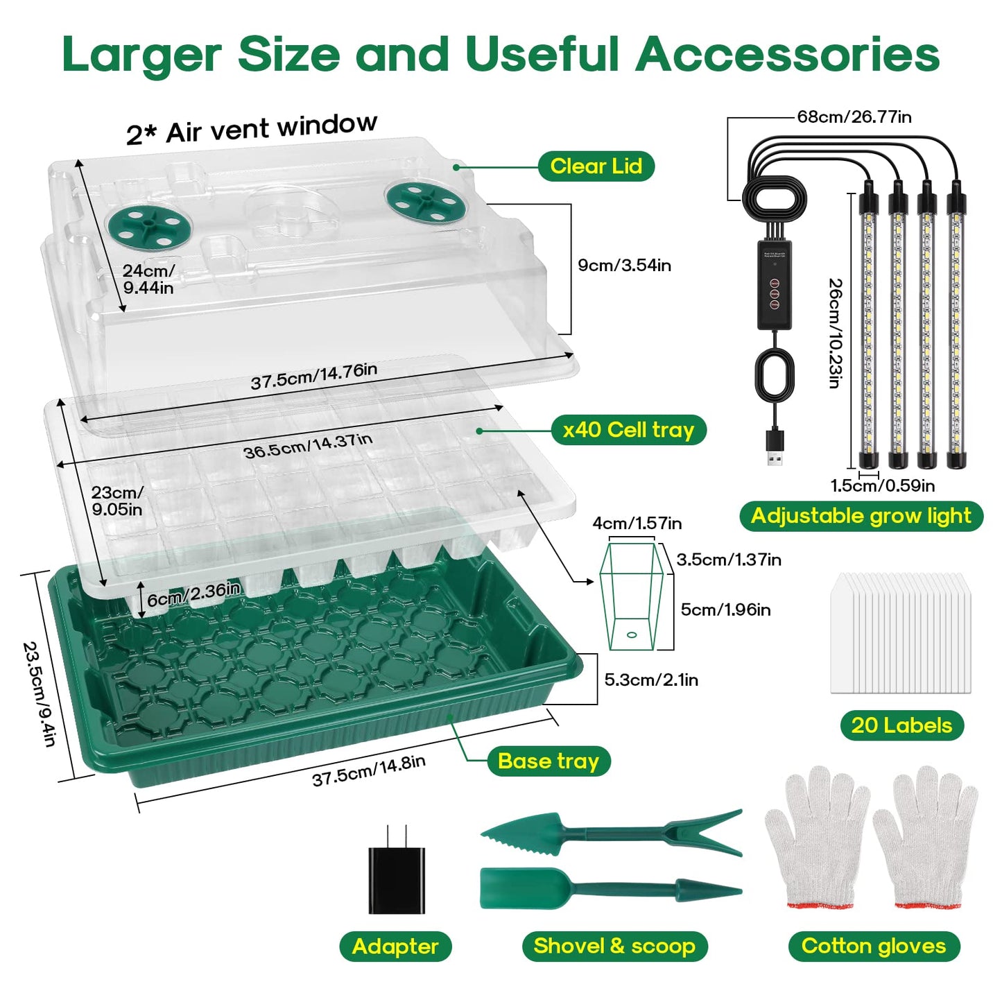 BlumWay Seed Starter Tray with Grow Light,2 Pack 80 Cells Seedling Tray Kit with Humidity Dome/Indoor Plant Starter Kit, Adjustable Brightness Plant Germination Trays-Green