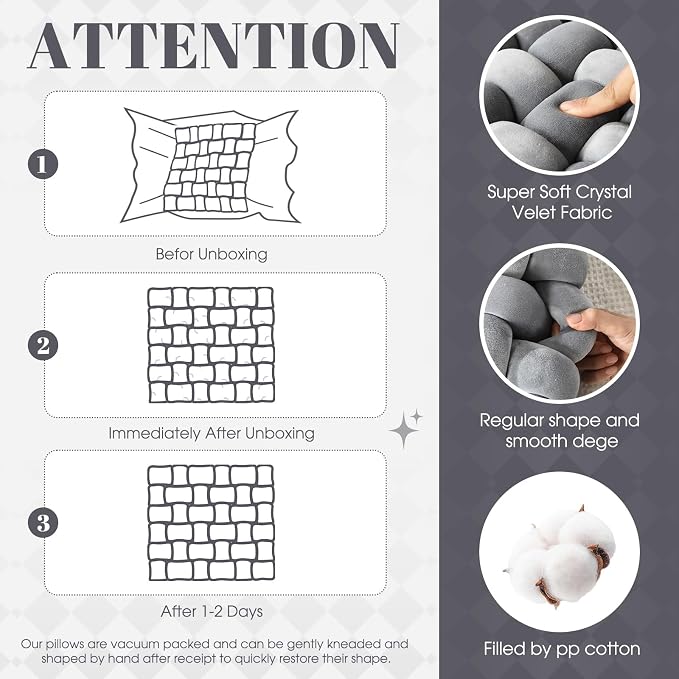 Wenqik 2 Pcs Knot Pillows Square Knotted Plush Throws Soft Accent Pillows Decoration Cushion for Couch Home Office Living Room Bedroom Bed Sofa Decor, 12'' x 13''(Light Gray,Crystal Velvet)