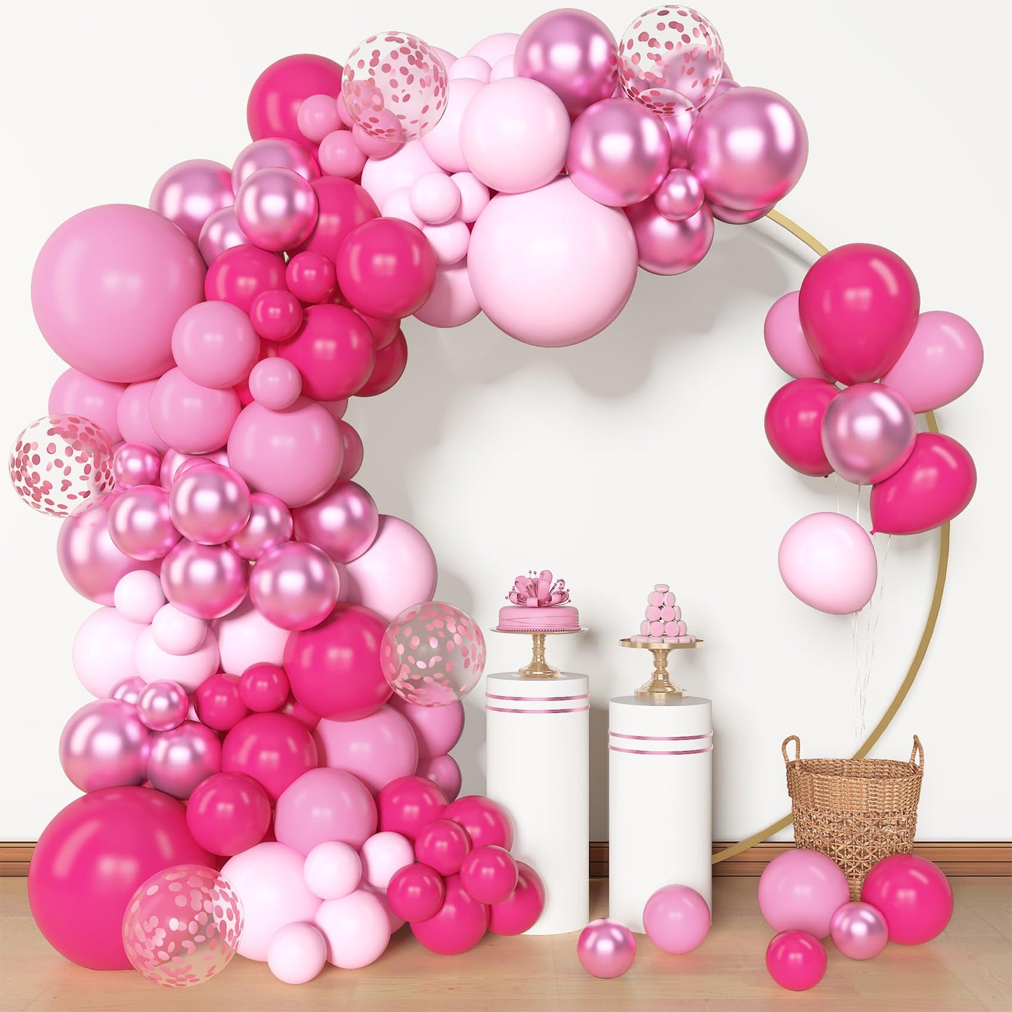 Amandir 153 Pcs Pink Balloon Arch Garland Kit, Different Sizes 18 12 10 5 inch Latex Metallic Confetti Hot Pink Balloons for Valentines Day Baby Shower Birthday Princess Wedding Party Decorations