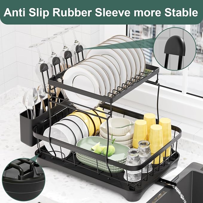 LIYI Dish Drying Rack,Large Dish Rack for Kitchen Counter,2-Tier Dish Racks with draining Tray,Detachable Capacity Dish Drainer Organizer,Black