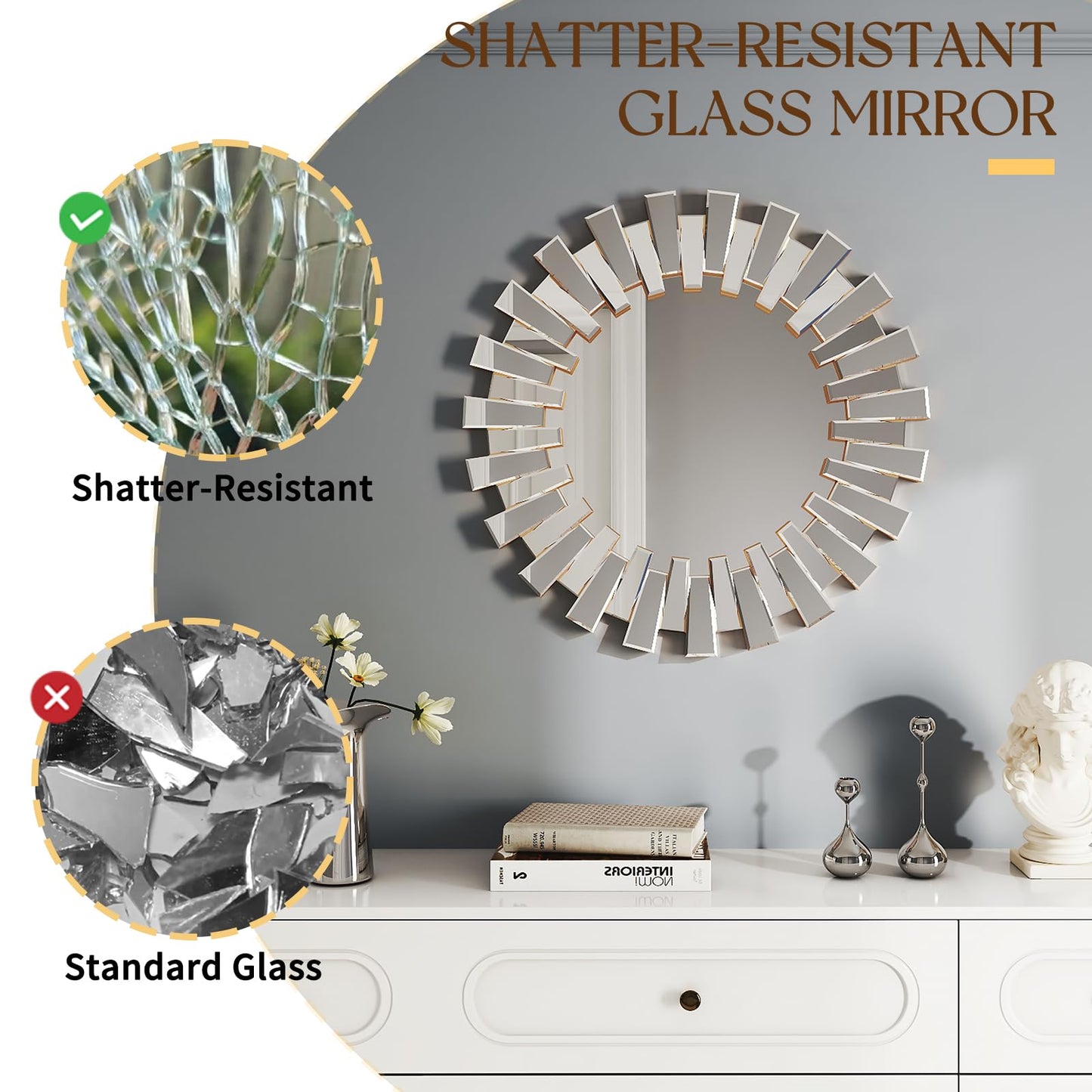 Uniclinens Gold Sunburst Mirror 26" - Decorative Wall Mirror Large, Round Modern Bohemian Sun Decor for Bedroom Living Room Hallway Bathroom Entrance