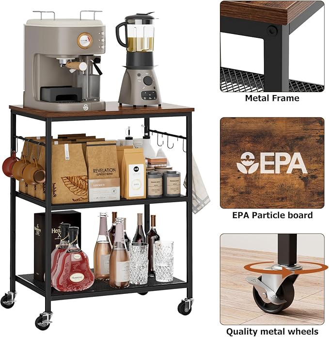 Homleke 3-Tier Rolling Kitchen Microwave Cart, Kitchen Utility Cart on Lockable Wheels, Coffee Bar Table Station with 6 S-Shaped Hooks, Small Appliance Storage Shelf, Rustic Brown and Black