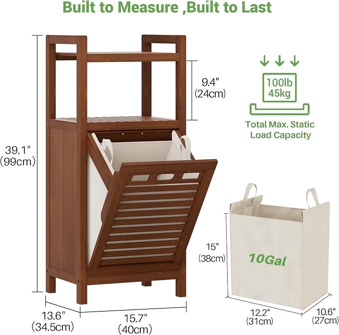 Homykic Tilt Out Laundry Hamper, 10 Gal Bamboo Laundry Storage Cabinet with Removable Basket, Hidden Hamper Organizer with Shelf for Dirty Clothes, Bathroom, Laundry Room, Space Saving, Walnut