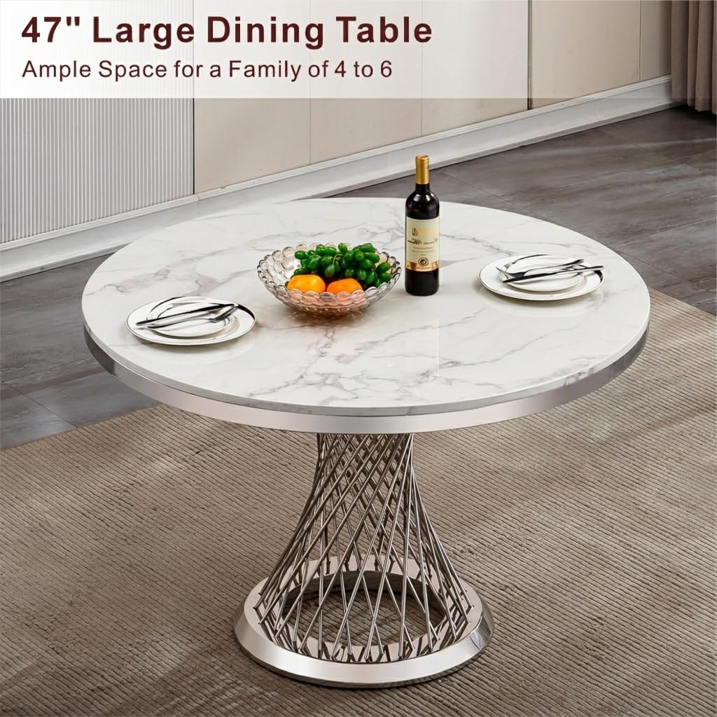 GlyphForm 47" Round Faux Marble Dining Table for 4 to 6, Luxury Modern White Kitchen Table with Silver Stainless Steel Spiral Base Frame,easy to clean Heavy Duty Dining Room Table for Home Office,MDF