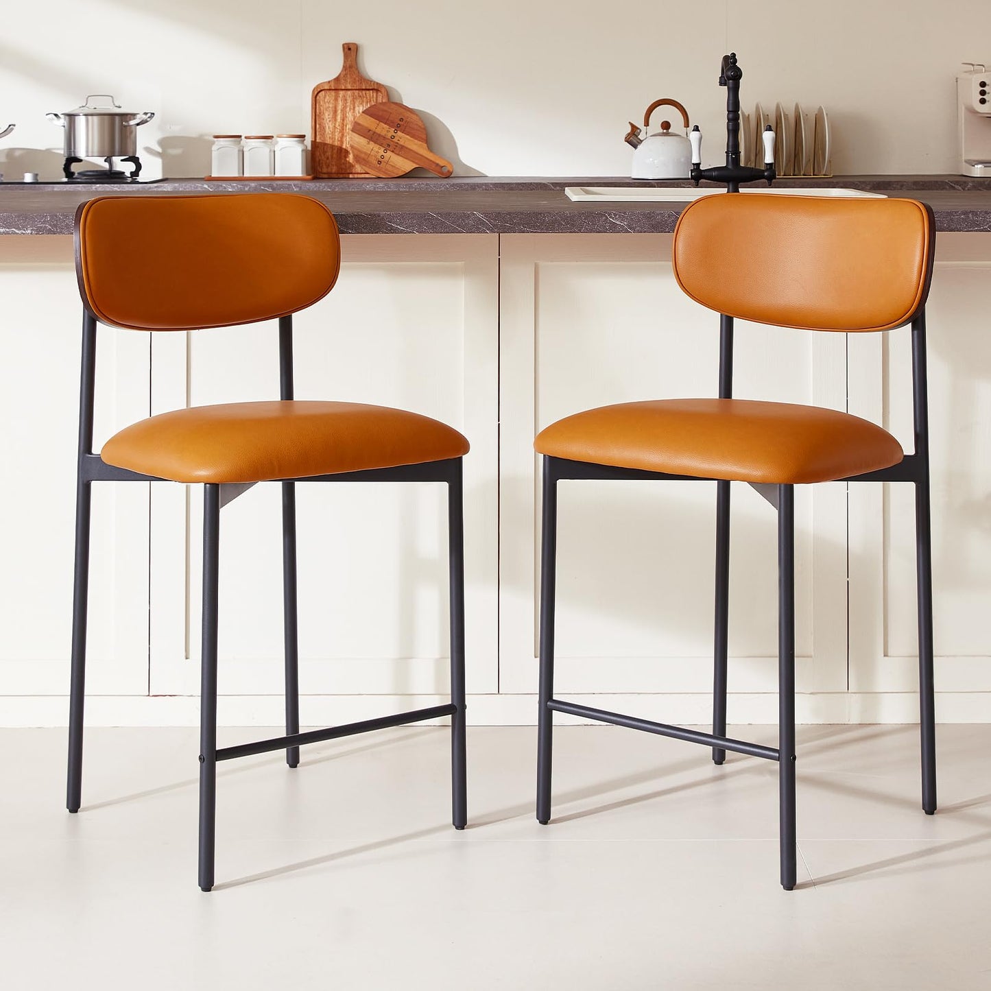 GrandNoor Modern Bar Stools Set of 2, 24 Inch Upholstered Brown Faux Leather Counter Height Stools with Curved Backrest & Metal Legs, Wood Grain Back Bar Chairs for Kitchen Island