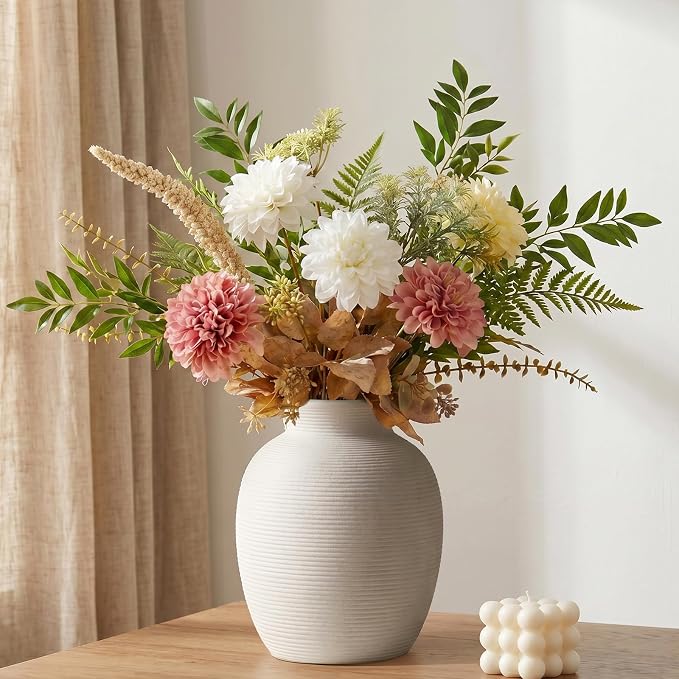 Ceramic Flower Vase Home Decor, 8in White Waterproof Pottery Rustic Vases, Flower Terracotta Vases for Farmhouse Table Centerpieces, Home Decor, Living Room