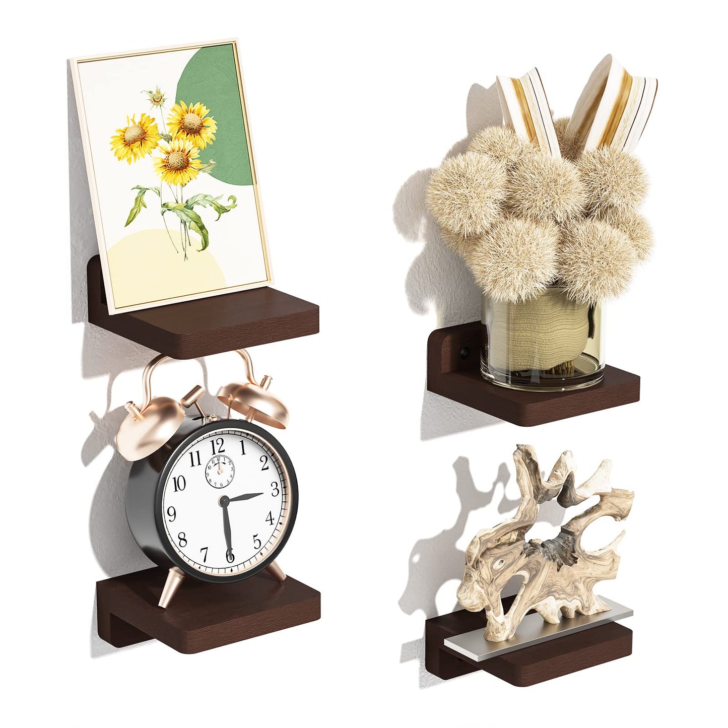 SRIWATANA Small Floating Shelves Wall Mounted, Wood Shelf for Decoration and Storage Set of 4, Mini Display Shelf for Bedroom, Bathroom, Kitchen, Office (Walnut, 4 inch)