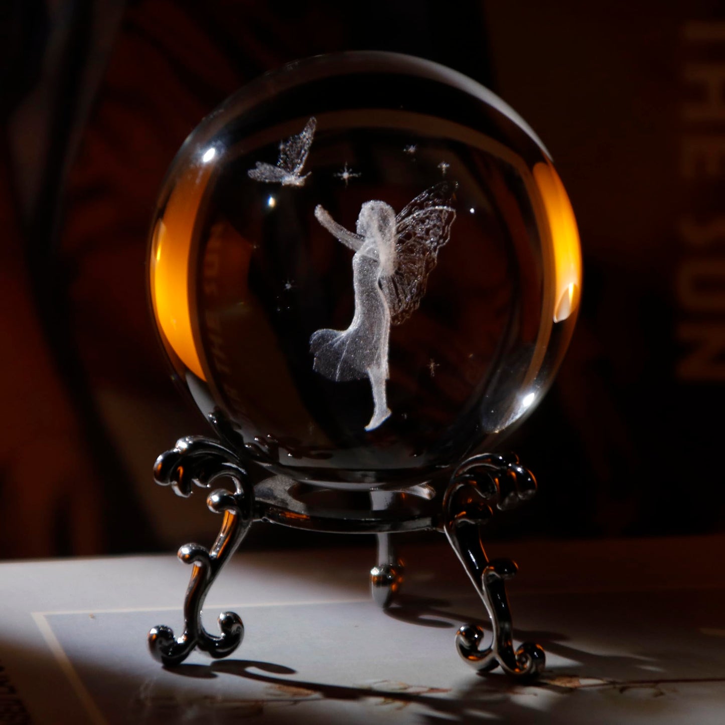 vskikris 3D Laser Engraved Crystal Butterfly Fairy Figurine in Crystal Ball - Decorative Glass Sphere Paperweight Gift with Silver Stand - 2.36in