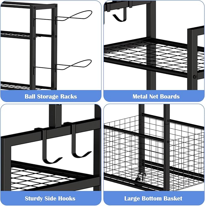 OYEAL Freestanding Ball Rack with Wheels Garage Basketball Storage Cart Outside Sports Equipment Organizer Ball Holder with Storage Baskets for Basketball, Soccer, Volleyball, Football, Black