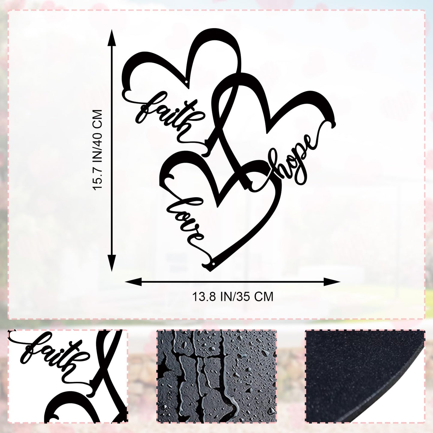 ShxTrade Metal Heart Wall Art Decor,Black Faith Hope Love Metal Sign Rustic Farmhouse Family Wall Sculpture Hanging for Home Living Room Bedroom Wedding Decoration