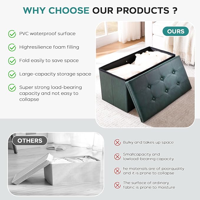 oakvivo Folding Storage Ottoman Bench, Leather Foot Rest Stools with Rivet Design, 15" D x 30" W x 15" H, Ottoman with Storage End of Bed Bench Footstool for Living Room Bedroom, Load 330 lb, Green