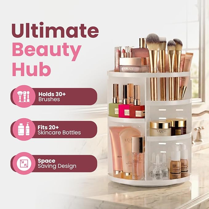 Masirs 360 Rotating Makeup Organizer for Vanity, Adjustable Shelf Height, Large Capacity Cosmetic and Skincare Storage, Lazy Susan Perfume Organizer for Dresser, Bathroom Countertop, White