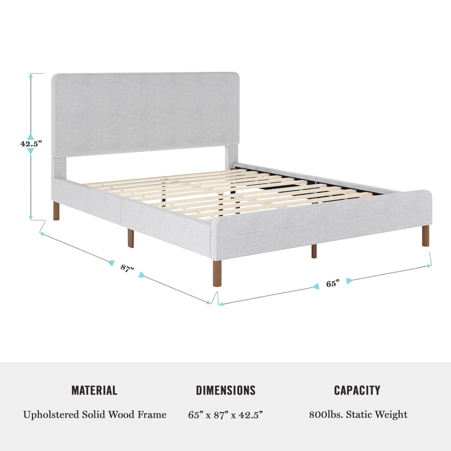 Martha Stewart Britta Platform Bed with Headboard & Footboard, Faux Linen Upholstery with Piping Detail, Rounded Headboard, No Box Spring Needed, Queen, Gray