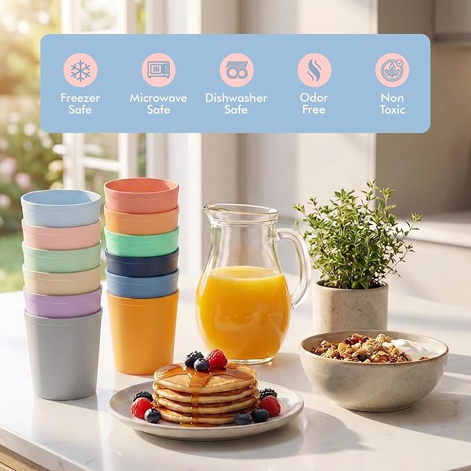 MASTERCOOK 12 Pcs. Small Reusable Cups –8 oz Unbreakable Drinking Glasses -Toddler Cups for Water, Juice, Milk–BPA Free Stackable Tumblers Plastic Cup set for Kitchen, Picnics, Parties- Kid-Friendly