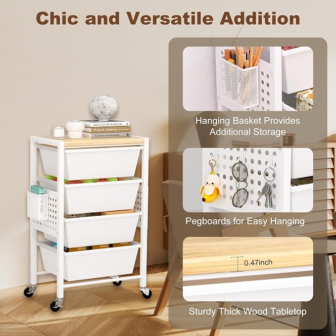 Rolling Cart with Drawers, Rolling Storage Cart with 6 Large Plastic Drawers & Wooden Tabletop, Utility Cart with Pegboards & Basket, Storage Drawers Cart for Living Room, Classroom, Bedroom, Office