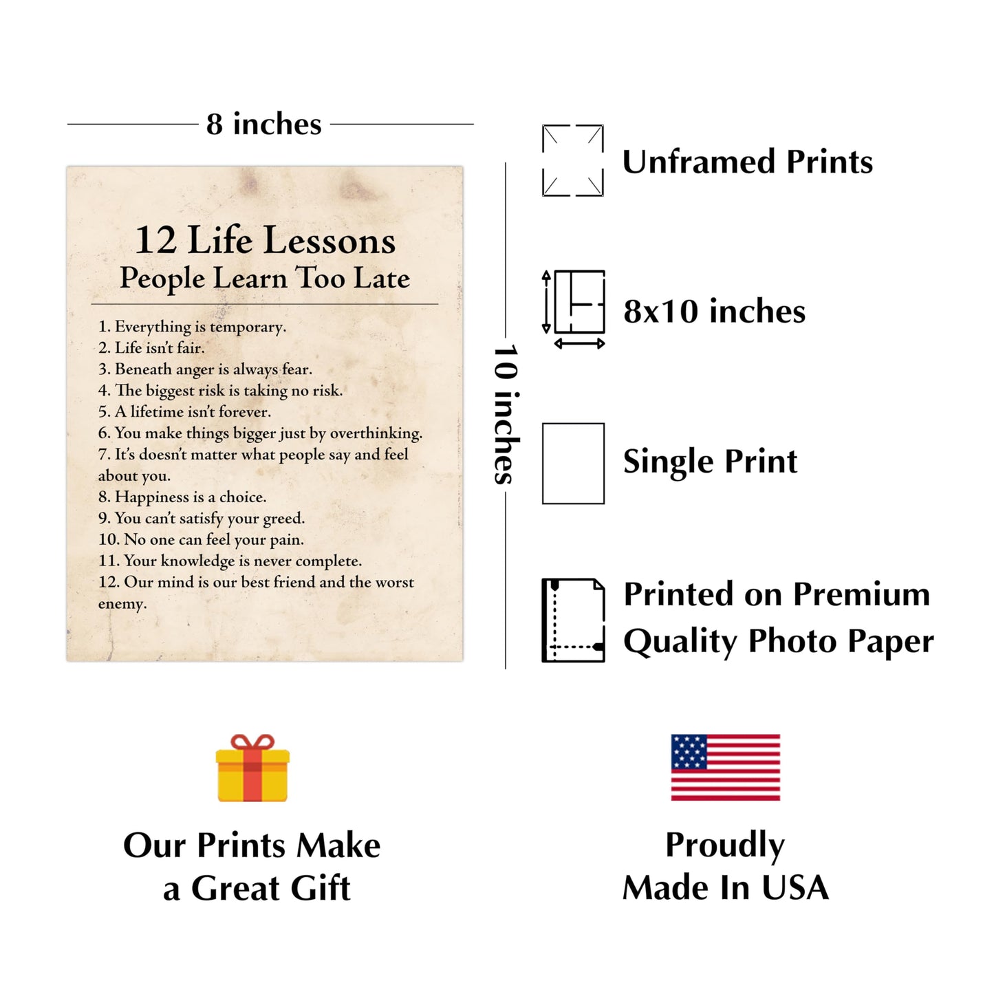 AMERICAN LUXURY GIFTS 12 Life Lessons - Inspirational Typography Wall Art - Motivational Decor for Office, Classroom & Home - 8x10 Unframed Print