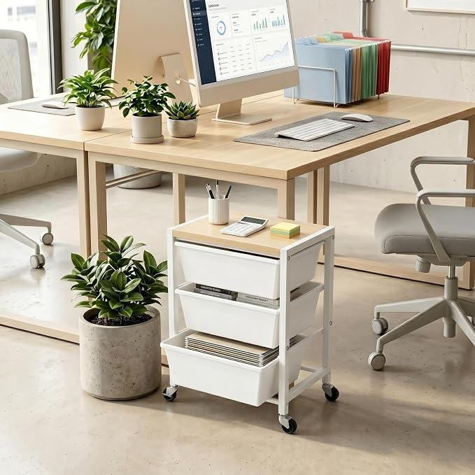 Rolling Cart with 3 Drawers, Plastic Drawer Storage Carts with Lockable Wheels & Wooden Tabletop, Metal Art Craft Utility Cart Organizer for Home Office Bedroom Dorm Bedside Classroom, Bright White