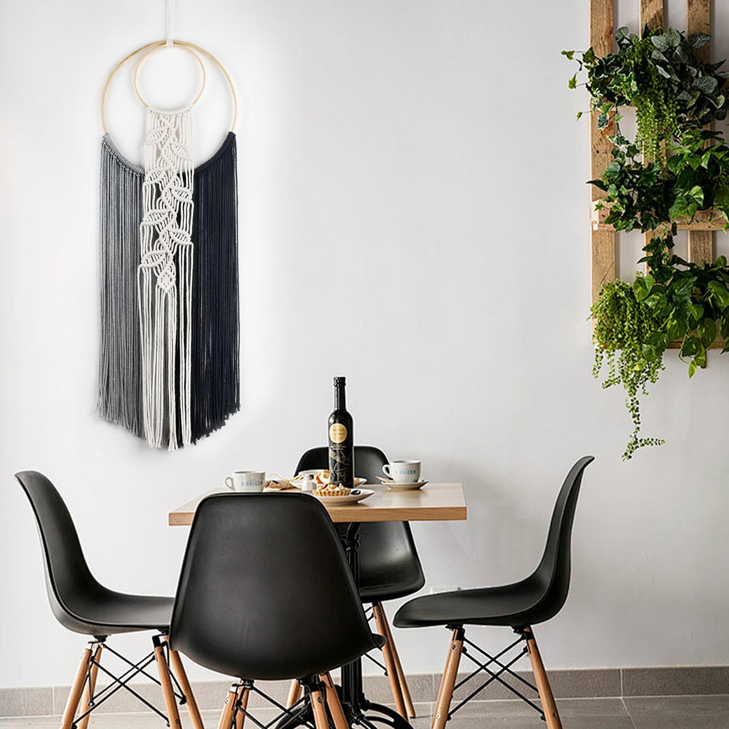 LB Boho Black White Grey Macrame Wall Hanging Hand Woven Leaf Pattern Tapestry Wall Art with Wood beads Modern Aesthetic Tassel Wall Decor for Home, Bedroom, Living Room