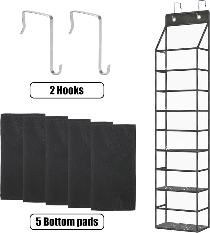5-Shelf Over The Door Pantry Organizer with Clear Pockets, Heavy Duty Hanging Storage for Closet, Bedroom, Bathroom, and Nursery (Black, Holds up to 28 lbs)