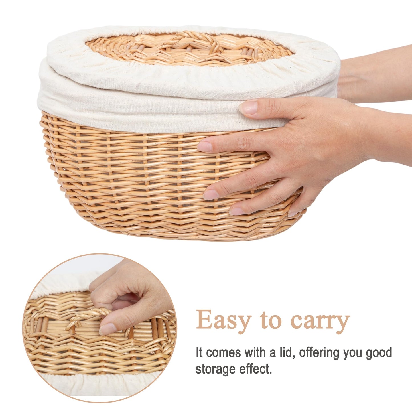 Wicker Bread Basket Serving with Lid & Removable Lining, Sourdough Proofing Basket,Eco-friendly Bread Storage basket Ideal for Picnics & Dining (Oval)