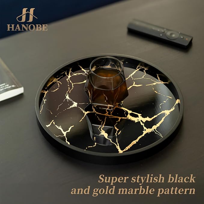 Hanobe Decorative Tray for Home Decor: Black Imitation Marble Round Serving Tray 11.8" Modern Coffee Table Centerpiece for Display Bar Table Living Room Entryway Kitchen Corner