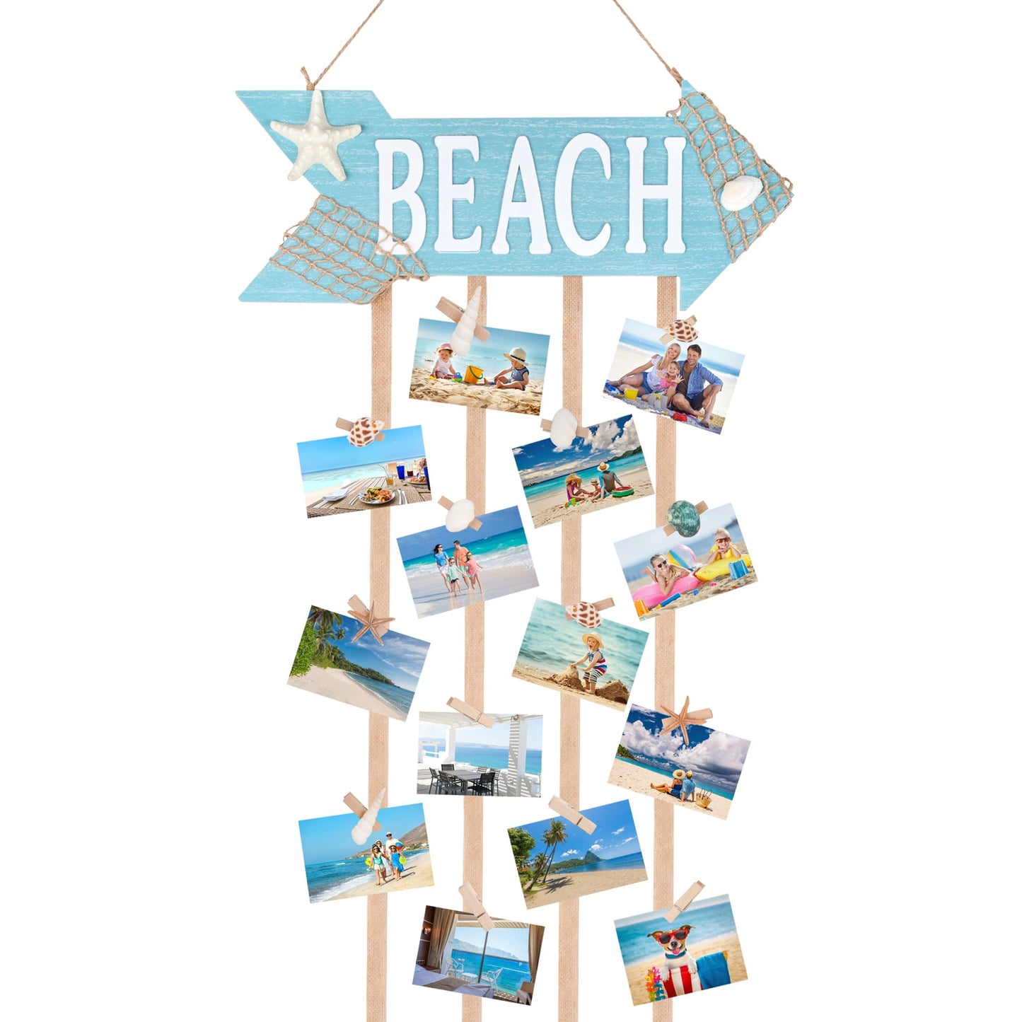 WeDoSoy Coastal Style Hanging Photo Display Holder with 30 Clips (10 Shell Clips), Wooden Frames Wall Picture Organizer for Beach Decor, Collage Display, Postcards, Holiday Cards & Home Decoration