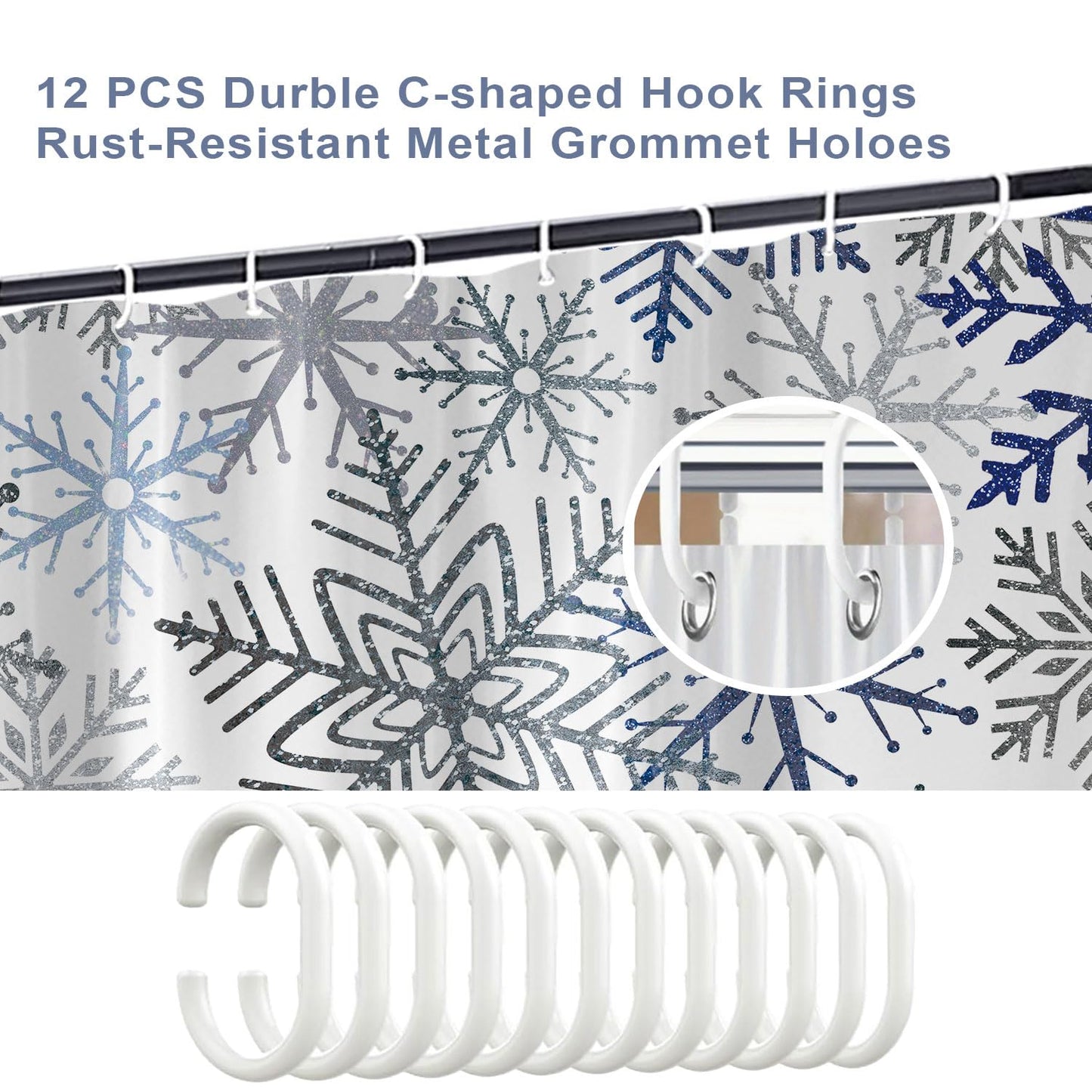 Raoycla Christmas Snowflake Shower Curtain, Blue Xmas Winter Snow Bathroom Decor, Silver Grey Snowflake Christmas Holiday Simple Shower Curtains for Bathroom 72 x 72 Inch with 12 Hooks