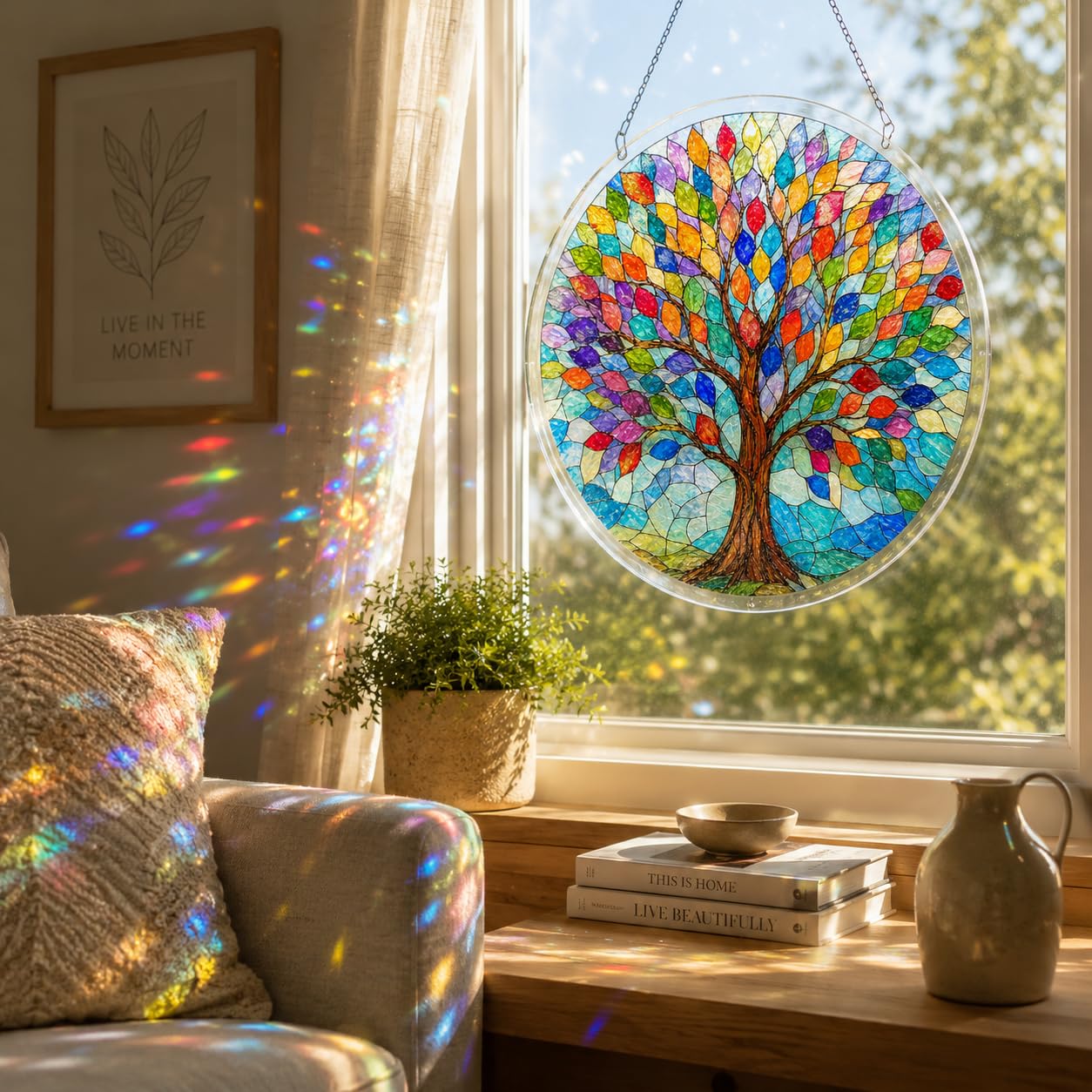 Stained Glass Tree of Life Suncatcher - Acrylic Jigsaw Puzzle Kit for Adults - Window Hanging Decor with 11 Unique Blessing Pieces - Rainbow Maker Memorial Gifts, Garden Art (9in)