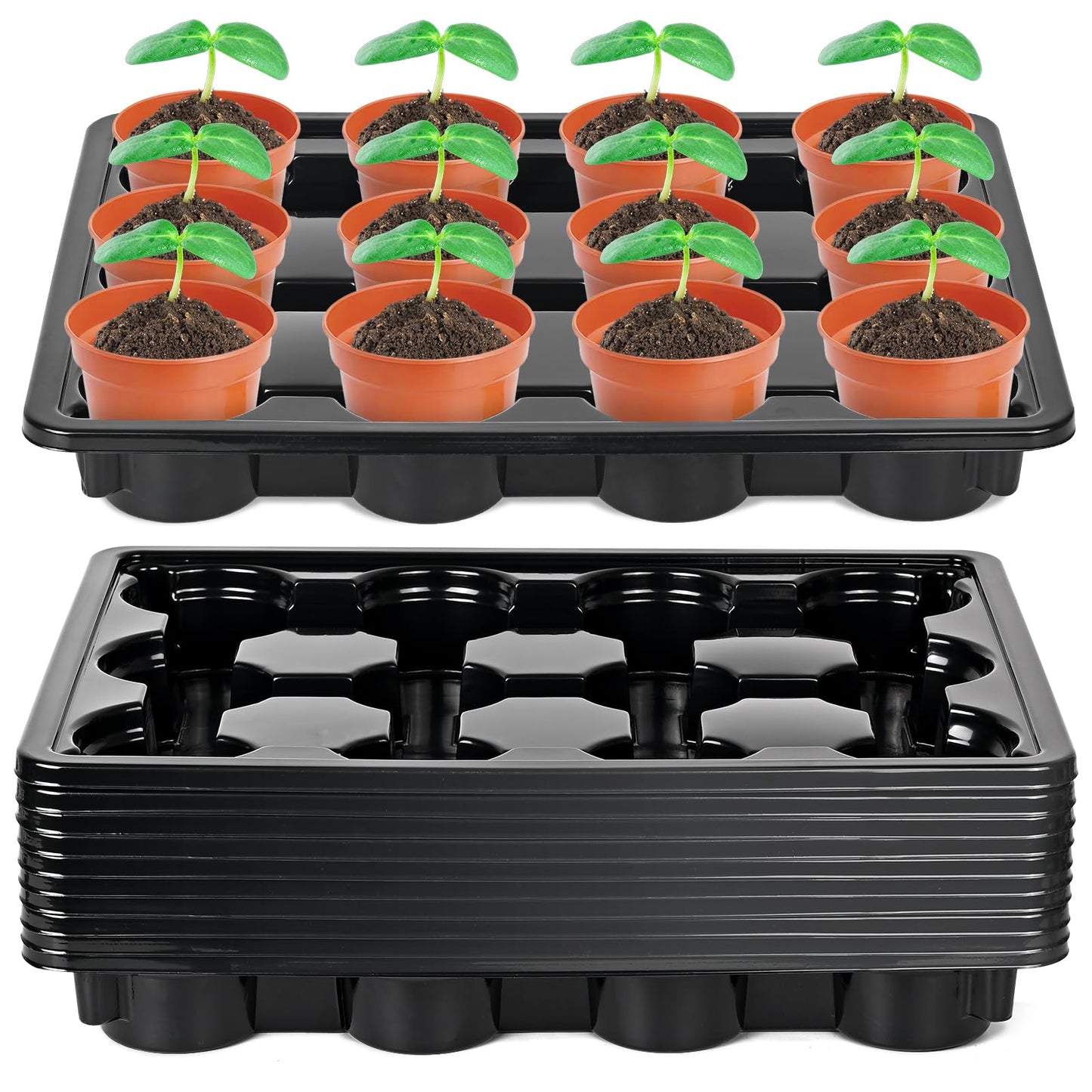 Sckee 12 Cell Round Nursery Pots Trays,Flower Pot Moving Tray, Nursery Pot Tray Plastic Planting Pot Carrying Trays for Moving Nursery Pot (17.2"×13.2"×2.5", 10PCS for 4'' Pots)