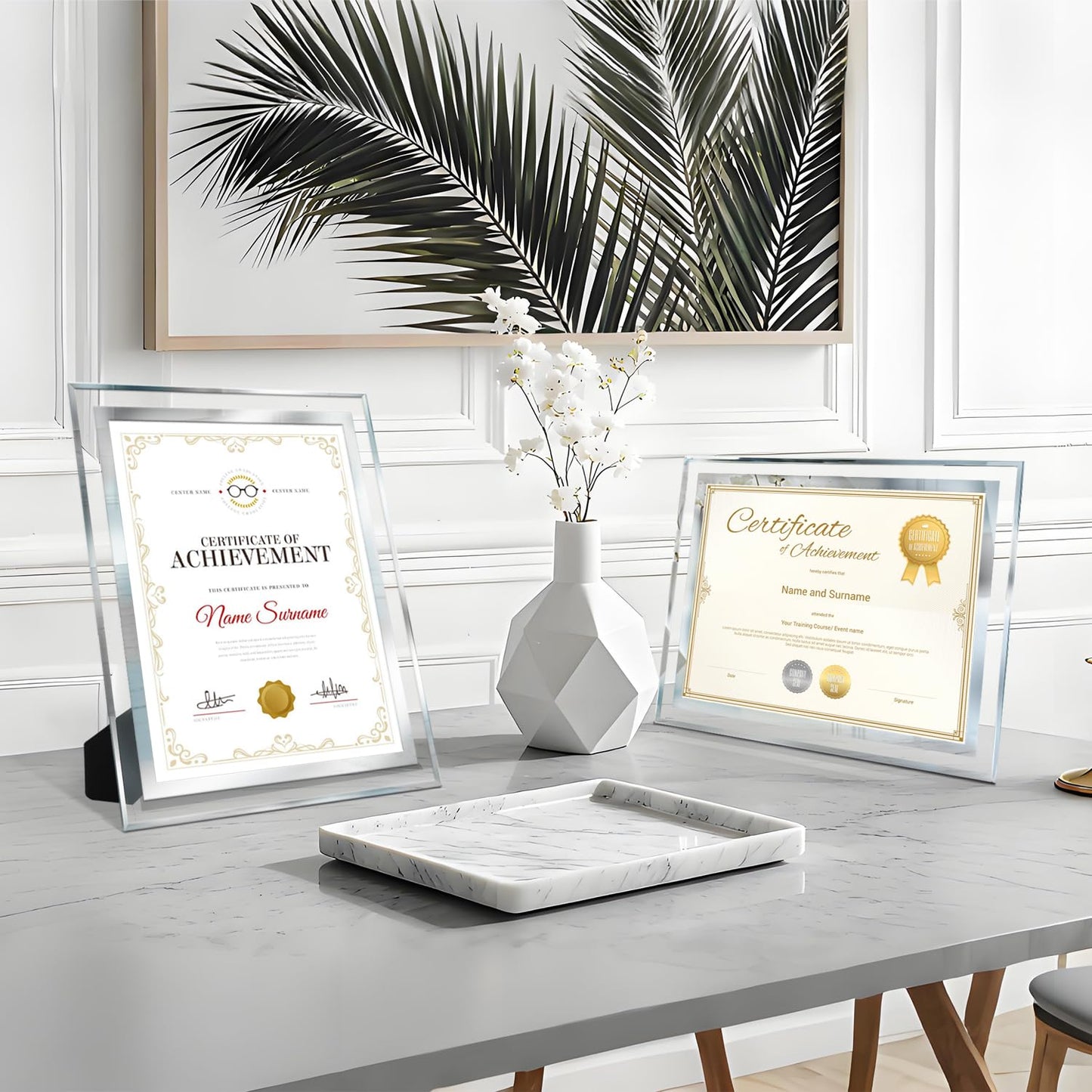 SIMON'S SHOP 4 Pack Picture Frames 8.5 x 11 Frames for Certificates and Awards 8 1/2 x 11 Wall and Tabletop Frame Set, Clear with Silver Trim