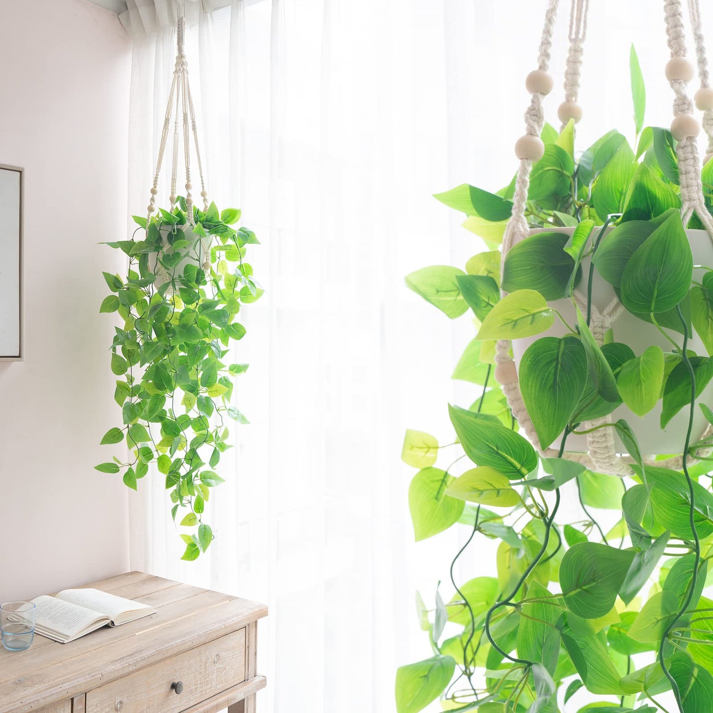 Mkono 3 Pack Macrame Plant Hangers Indoor Different Size Hanging Planter Basket Flower Pot Holder with Beads No Tassels 35"/29"/23", Medium, Ivory