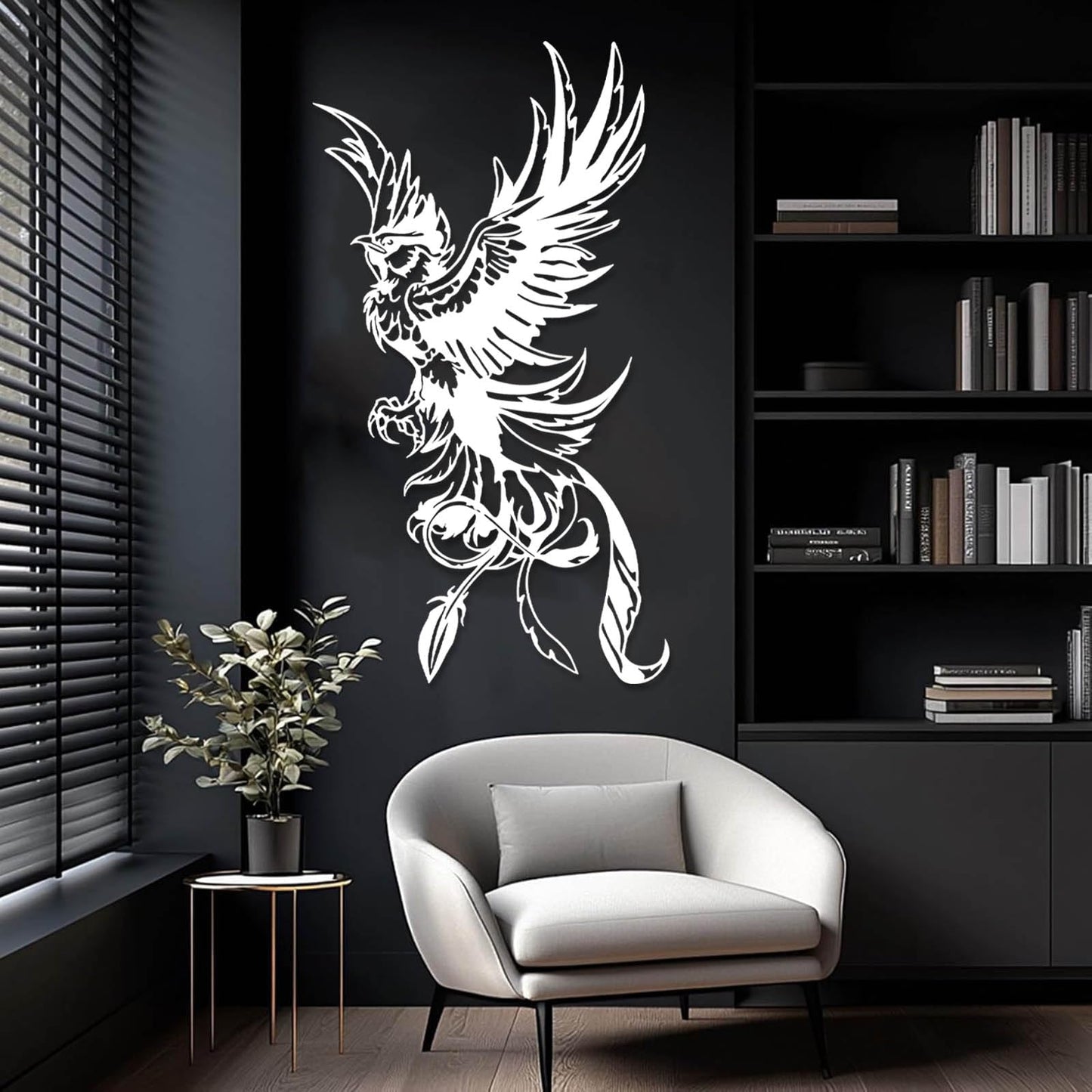 vinwipe Phoenix Metal Wall Art, Metal Phoenix Wall Decor, Bird Wall Decor, Mythical Wall Art, Outdoor Bedroom Wall Hanging (Black, 30"x17"/76x42cm)