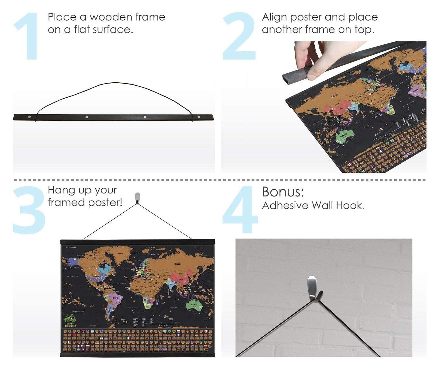 EARTHABITATS Magnetic Poster Hanger Frame - 24 inches Wooden Magnetic Poster Frame Hanger for Scratch Off Maps, Prints, Pictures, Photos, Canvas Artwork