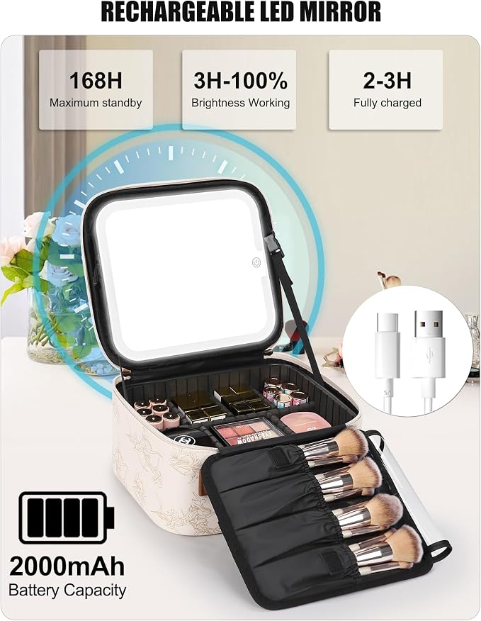 Relavel Travel Makeup Bag With LED Mirror, Portable Cosmetic Organizer Bag with Adjustable Brightness in 3 Color Scenarios, Small Train Case with Detachable Dividers for Trip- Lily Flower