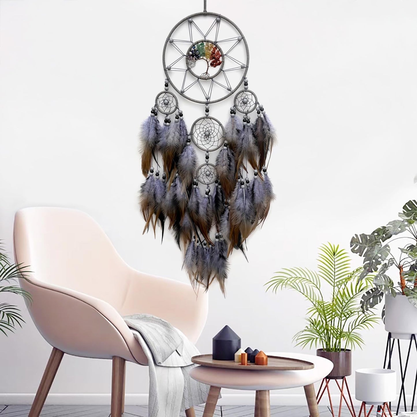 RAGKUU Grey Large Dream Catcher Wall Decor Crystal Tree of Life Dream Catchers Handmade Feather Dreamcatcher Wall Hanging Ornament for Bedroom Living Room Home Decor