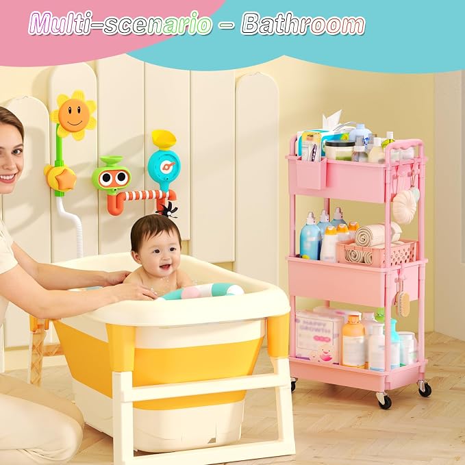 SUNALLY Baby Diaper Caddy Cart, 3 Tier Rolling Diaper Cart with Lockable Wheels for Nursery Essentials, Large Capacity & Easy Assemble Diaper Storage Organizer for Newborn,New Mom, Pink