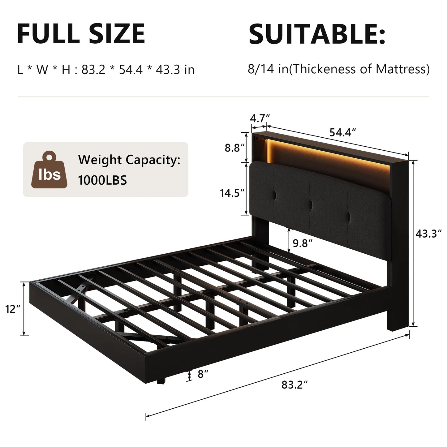 Einhomn Floating Bed Frame Full with 2-Tier Storage Linen Fabric Upholstered Headboard, Wooden Platform Bed Frame w/Charging Station & LED Lights, Metal Slats Support, No Box Spring Needed, Black