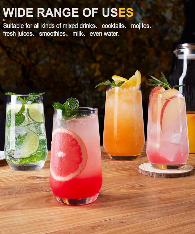 LUNA & MANTHA Drinking Water Glasses Set, Lead-Free Crystal Highball Glass, Tall Glass Cups for Cocktail Parties,Clear set of 8,16.2oz