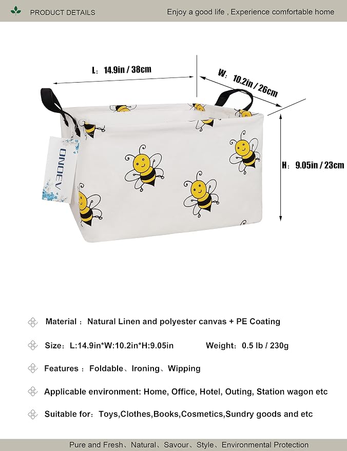 Rectangular Bee Pattern Storage Bin, Decorative Canvas Laundry Basket with Dual Handles, Foldable Toy & Household Organizer, Multipurpose Party Gift Basket for Home Bedroom Dorm(Bee)