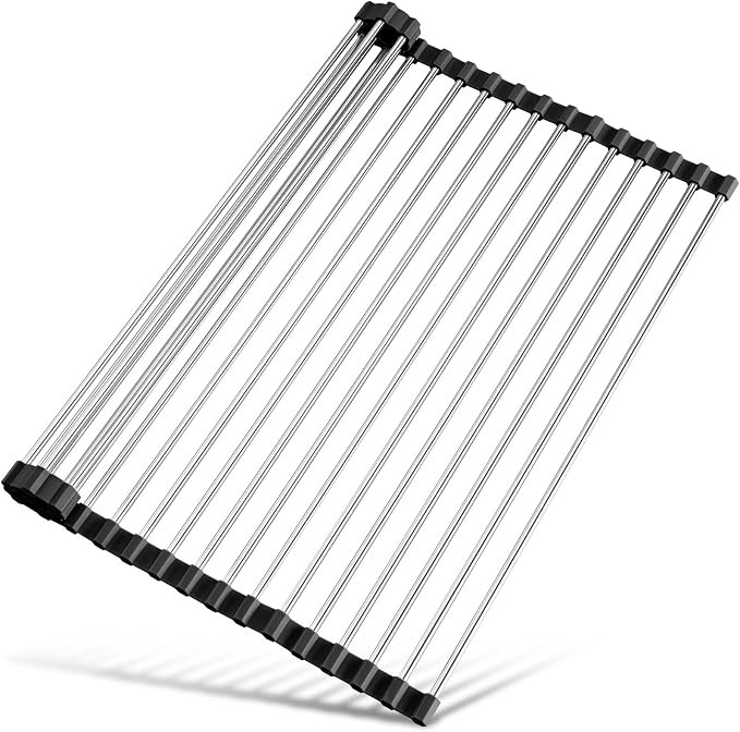 Tomorotec 21" x 15.5" Roll Up Dish Drying Rack Over Sink Drying Rack Sink Cover Kitchen Sink Accessories Gadget Multipurpose Organizer Foldable Stainless Steel Drainer